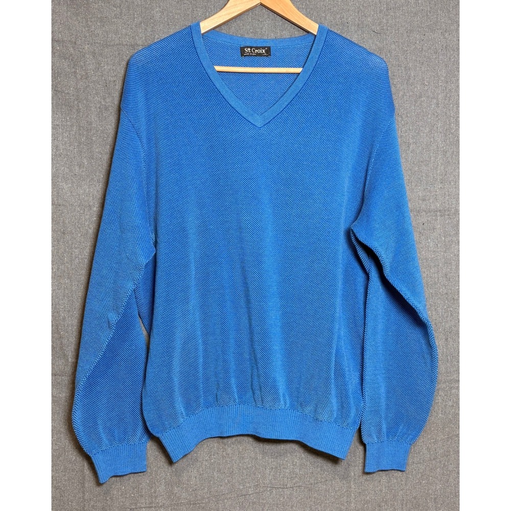 St. Croix Womens Blue V-Neck Knit Sweater Made in USA Cotton Blend XL Pullover
